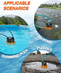 Above Ground Pool Cover Pump Submersible Sump Water Removal Tool with drain hose in swimming pool, fish pond, and puddle.