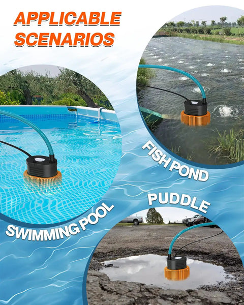 Above Ground Pool Cover Pump Submersible Sump Water Removal Tool with drain hose in swimming pool, fish pond, and puddle.