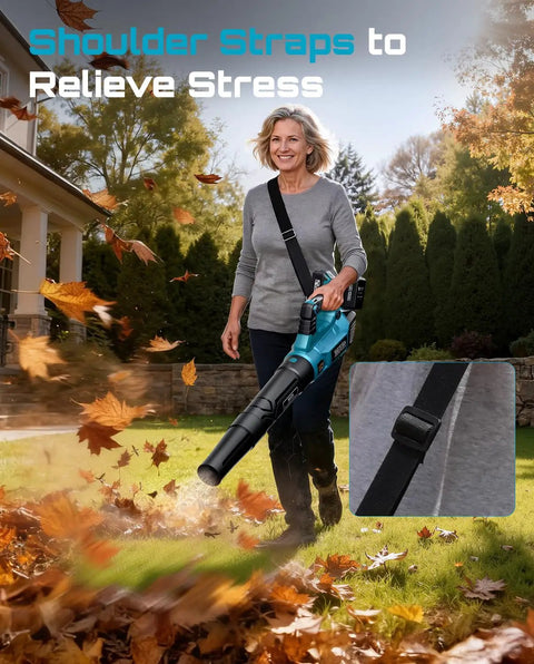 Person using 40V Cordless Leaf Blower With 650 CFM And 160 MPH Beastly Power, Brushless Motor, shoulder strap detail, lawn setting