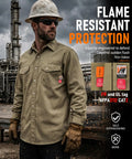 Men's Tough As Nails Flame Resistant Work Shirt Cut From 6.5oz 100 Percent Cotton Twill With Water Repellent Finish UL Certified NFPA 2112 CAT 2 worn by a tradesman outdoors.