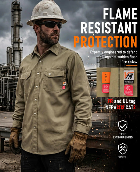 Men's Tough As Nails Flame Resistant Work Shirt Cut From 6.5oz 100 Percent Cotton Twill With Water Repellent Finish UL Certified NFPA 2112 CAT 2 worn by a tradesman outdoors.