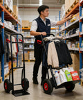 Heavy Duty Steel Hand Truck With Wheels Folding Utility Cart For Moving Furniture And Appliances Boxes And Warehouse Or Office Use Portable Dolly For Easy Transport And Back Saving Load Handling Workhorse in warehouse aisle with folded and loaded view