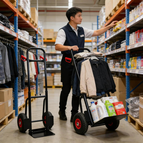Heavy Duty Steel Hand Truck With Wheels Folding Utility Cart For Moving Furniture And Appliances Boxes And Warehouse Or Office Use Portable Dolly For Easy Transport And Back Saving Load Handling Workhorse in warehouse aisle with folded and loaded view