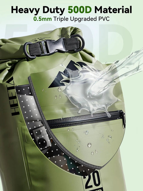 Lightweight Waterproof Dry Bag With Front Zip Pocket 10L Roll Top Closure Keeps Your Gear Dry For Travel Kayaking Boating Rafting Camping Hiking And Beach Days Green showing water resistance and material detail.