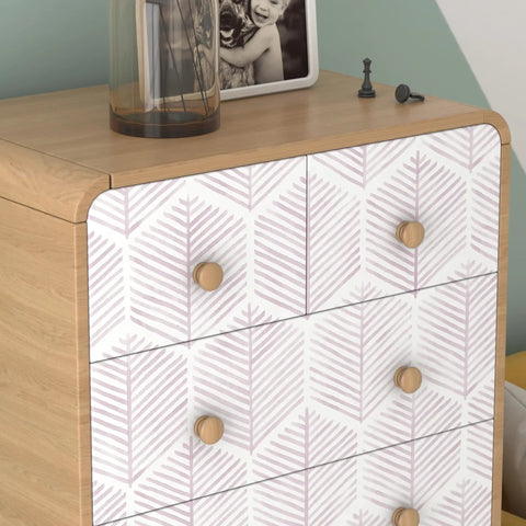 Fresh Dope Geometric Peel And Stick Wallpaper Roll With Killer Matte Stripe Design on drawer fronts of a wooden chest.