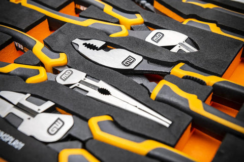 Pitbull Cushion Grip Pliers Set With Foam Storage Tray showcasing K9 jaw and high leverage design in foam tray