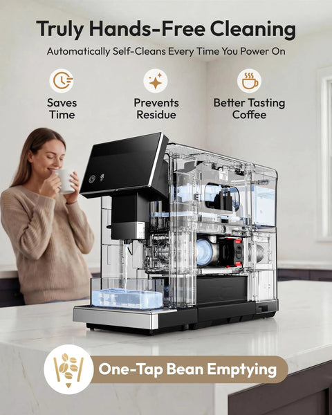 Smooth Morning Shots With This Fully Automatic Espresso Machine Featuring Built In Grinder Milk Frother Touch Screen Display Auto Self Clean 15 Settings 20 Bar Pressure Brews Daily Grinds with hands-free cleaning.