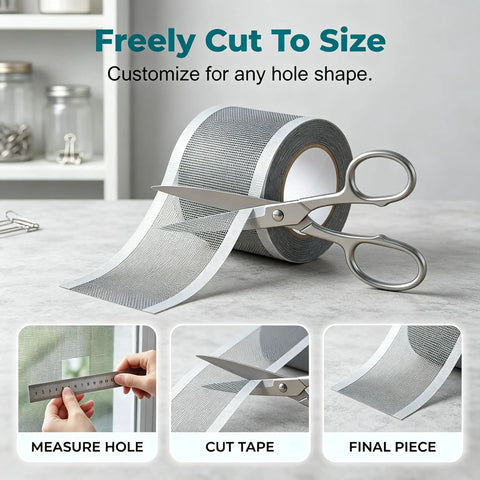 Peel And Stick Window Screen Repair Patch, Weather Resistant Mesh Tape, Trim To Fit For Home And Garage Windows, Invisible Fix For Holes, No Tools Needed, Quick Durable Screen Patch shown with scissors for cutting to size.