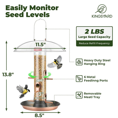 Outdoor Metal Bird Feeder That Hangs Easy On Deck With Oversized 11.5 Inch Protective Dome And 8 Inch Removable Tray