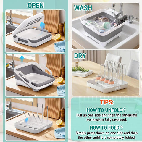 Collapsible Baby Bottle Wash Basin With Built In Drying Rack Two Point Four Gallon Foldable Dish Tub steps for use in kitchen