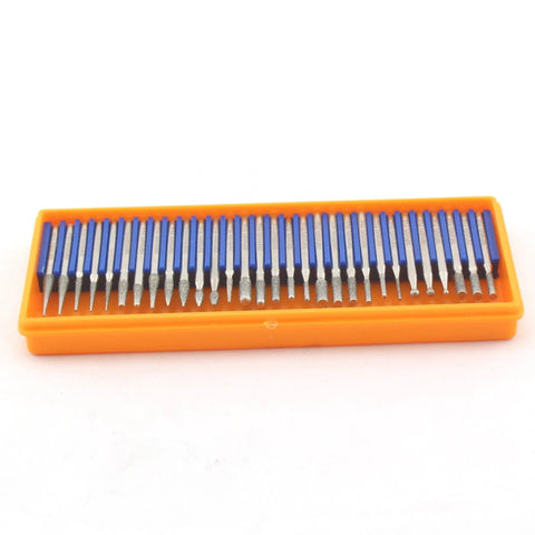 Diamond Engraving Bits Set 30 Pieces For Stone Carving Rotary Tool Burrs With One Eighth Inch Shank in orange case