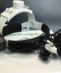 Headband loupe with adjustable light on a box, showcasing optical equipment for precision tasks.