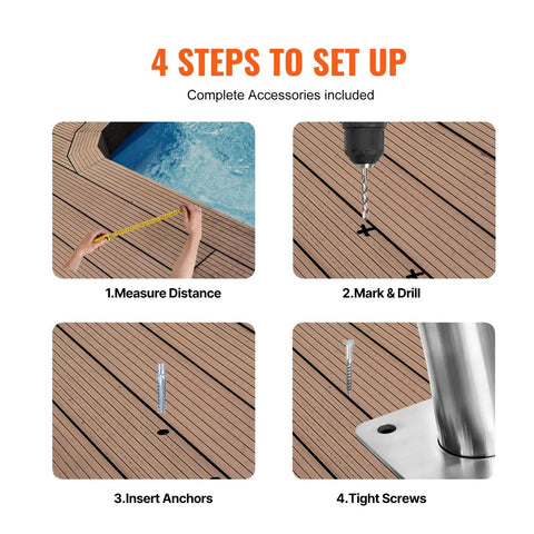 4 steps to set up Rock Solid Premium Stainless Steel Pool Handrail Pair Built Like A Truck with installation process images.