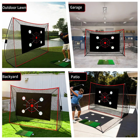 Backyard Golf Net 10x7 Ft With Practice Mat Hitting Aid displayed outdoors, in garage, patio, and backyard settings.