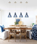 Dining room with Blue Glass Pendant Lights For Kitchen Island, 6.5 Inch Handblown Glass Shades, Modern Industrial Ceiling Fixture