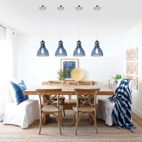 Dining room with Blue Glass Pendant Lights For Kitchen Island, 6.5 Inch Handblown Glass Shades, Modern Industrial Ceiling Fixture