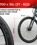 700x35c Foldable Tire Set 37-622 For City Commuter And Hybrid Bikes, shown with size dimensions next to a bicycle
