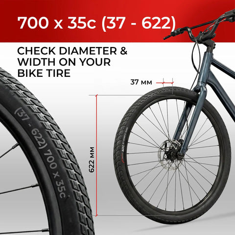 700x35c Foldable Tire Set 37-622 For City Commuter And Hybrid Bikes, shown with size dimensions next to a bicycle