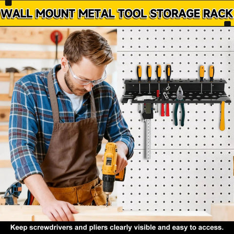Two Tier Wall Mount Tool Rack For Screwdrivers And Pliers With 35 Holes, Heavy Duty Metal Organizer Mounted on Pegboard