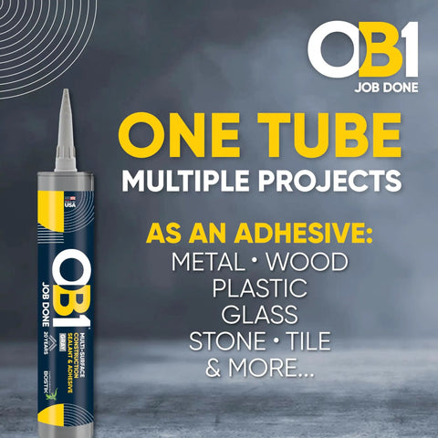 Pro Grade All-In-One Caulk Sealant And Adhesive Gray 10.1oz for indoor outdoor use, shown with adhesive uses listed on packaging.