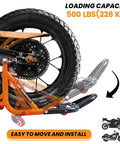 Universal Adjustable Rear Paddock Stand For Motorcycle With Swingarm Rest 360 Degree Dismantlable Beefy Heavy Duty Steel shown in use