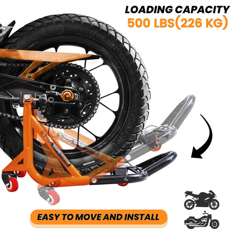 Universal Adjustable Rear Paddock Stand For Motorcycle With Swingarm Rest 360 Degree Dismantlable Beefy Heavy Duty Steel shown in use