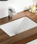 Top Shelf Undermount Bathroom Sink White Rectangle Basin With Overflow Drain Glazed Ceramic Finish For Modern Bar Vanity Fresh Look And No Sweat Setup Today, mounted in wood countertop.