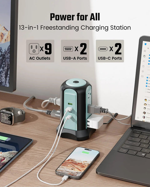 Power Strip Tower Surge Protector With 9 Outlets And 4 USB Ports, 10 Ft Extension Cord, shown on a desk charging multiple devices.