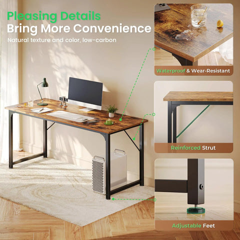 Roomy 55 Inch Home Office Desk for Gaming and Work From Home Setup, Rustic Brown Finish, showing waterproof top, strut, and feet
