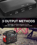 Close-up of portable power station featuring 3 output methods: DC and 3 USB ports for charging multiple devices.