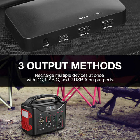 Close-up of portable power station featuring 3 output methods: DC and 3 USB ports for charging multiple devices.