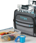 Heavy Duty Expandable Lunch Pack With Dual Food Containers And Pro Grade Ice Walls For Hella Superior Cooling And Zero Leak Stress In Smooth Black And Blue Travel Bag with food container.