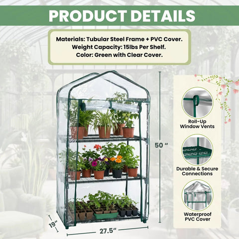 Three Tier Mini Greenhouse Portable Indoor Outdoor Grow Space With Rust Resistant Frame And PVC Cover, 27.5x19x50 Inches, Easy Setup, Ideal Starter Kit For Seedlings And Plant Flats