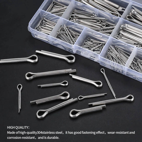 290 Pcs Stainless Steel Cotter Pins Set With 24 Sizes For Cars, Trucks, Lawn Mowers And Small Engines, organized in box