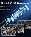 1920X1080P HD Borescope with 2X Optical Zoom and 3-Step Magnification showing internal gears view.