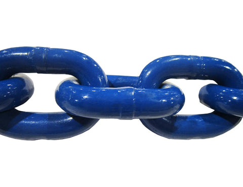 Close-up of Beefed Up 3/8 Inch Grade 100 Alloy Lifting Chain 50 Foot Run With 8800 Pound Working Load showing blue links.