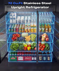 Top Shelf Heavy Duty Commercial Reach In Refrigerator With Three Glass Doors And Seventy Two Cubic Feet Of Stainless Steel Upright Merchandiser showcasing beverages and fresh produce.
