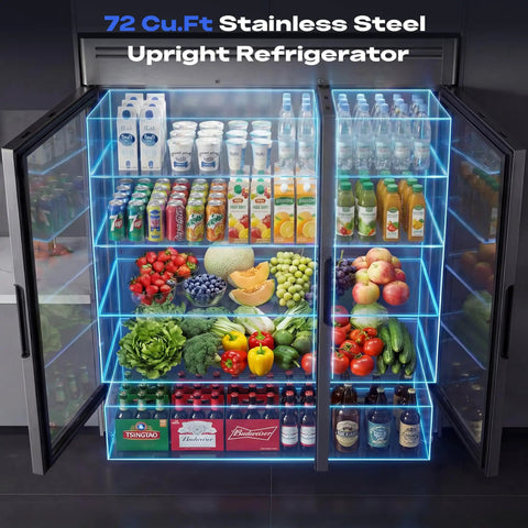 Top Shelf Heavy Duty Commercial Reach In Refrigerator With Three Glass Doors And Seventy Two Cubic Feet Of Stainless Steel Upright Merchandiser showcasing beverages and fresh produce.