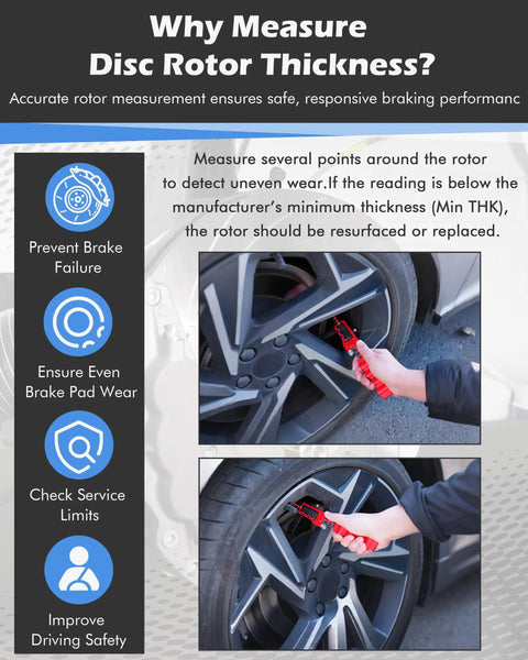 Person using Digital Brake Rotor Caliper Tool For Disc Brake Thickness, Wheels On Rotor Gauge, 6 Inch Stainless Vernier Rotor Micrometer With Large LCD on a car wheel.