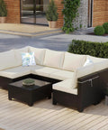 7 Piece Wicker Patio Furniture Set With Waterproof Cushions, Outdoor Conversation Couch Set, beige cushions, PE Rattan, garden setting