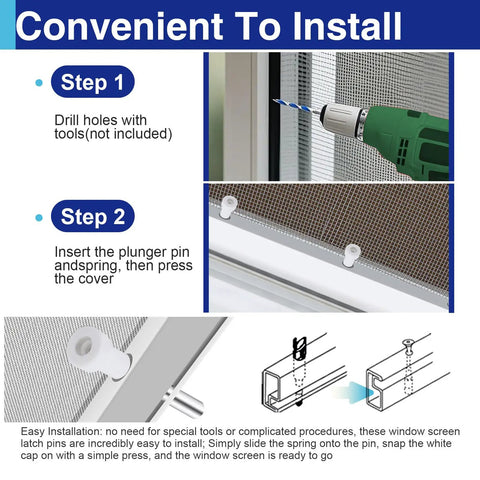 Installation steps for Snag This Hefty 25 Pack Of Tough Window Screen Plunger Latch Pins With Springs White Plastic Caps And Sturdy Aluminum Cores.