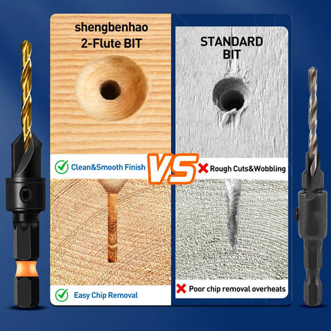 Comparison of Size 8 Countersink Drill Bit Set for Wood 12 Piece with Adjustable Countersink Bits and standard bits in action