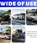 Wide view of vehicles, including a motorcycle, SUV, car, RV, and truck, showcasing the Garage Staple 306 Piece Auto Fuse Assortment Kit.