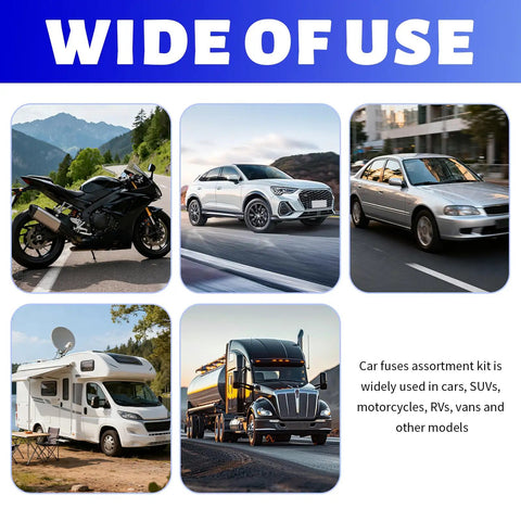 Wide view of vehicles, including a motorcycle, SUV, car, RV, and truck, showcasing the Garage Staple 306 Piece Auto Fuse Assortment Kit.