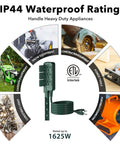 Outdoor Power Stake with 6 Foot Green Extension Cord, IP44 Waterproof 3 Grounded Outlets, shown with various appliance uses