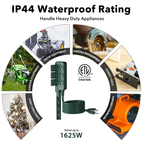 Outdoor Power Stake with 6 Foot Green Extension Cord, IP44 Waterproof 3 Grounded Outlets, shown with various appliance uses