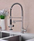 Brushed Nickel Pull Down Kitchen Faucet with Sprayer, Single Handle, Solid Brass Construction, 18.5 Inch High Arc beside sink