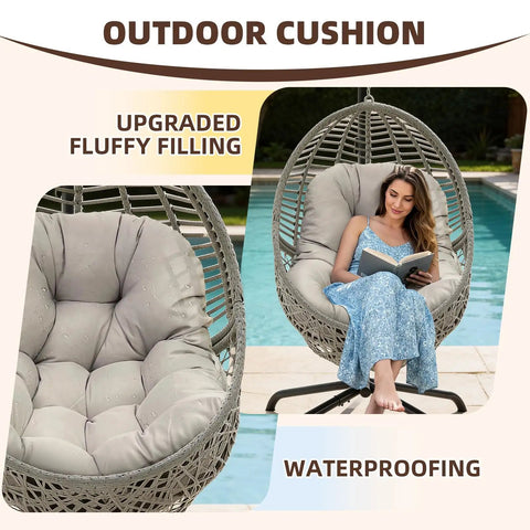 Outdoor Egg Chair Cushion With Ties Non Slip Waterproof U Shaped Replacement Cushions For Swing Egg Chair Hanging Basket Chair Dark Green 47 By 35 Inches Cozy Durable Weatherproof For Backyard Garden Oasis, showing waterproof cushion with woman seated, poolside.