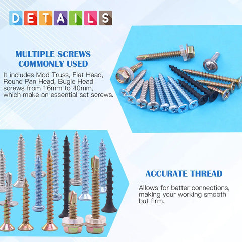 Pro Level 320 Pcs Mixed Self Drilling Screw Assortment Kit Featuring Heavy Duty Self Tapping Fasteners For Wood Sheet Metal And Drywall With Organized Carry Case Built Tough Ready To Roll Anywhere, assorted screws shown.