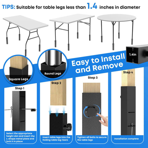 Heavy Duty Square Folding Table Leg Extenders With Three Level Adjustable Table Leg Risers, installation steps and tips for use.